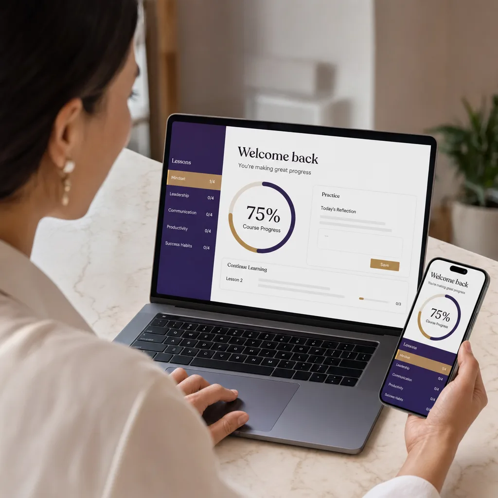 Inside the program: course dashboard with modules, lessons and reference guides